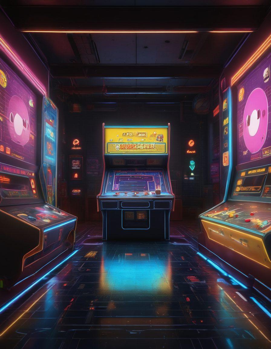 A dynamic split-scene showing an iconic arcade with vintage Pac-Man machines on one side, transitioning to a modern digital landscape filled with colorful multiplayer gaming avatars and Pac-Man characters, symbolizing evolution. The arcade should have neon lights and a retro vibe, while the online side has futuristic tech elements and vibrant digital graphics. super-realistic. vibrant colors. 3D.