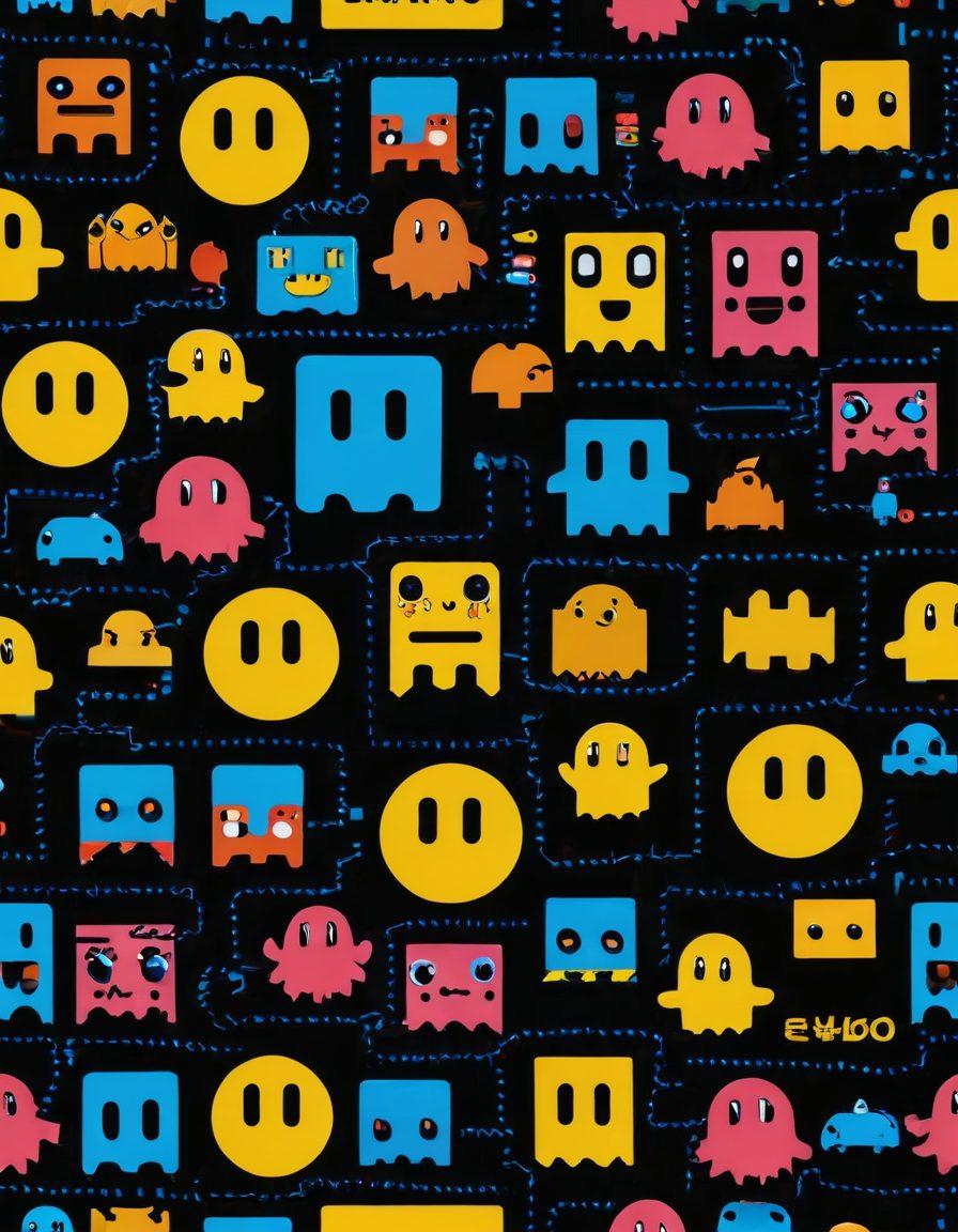 An artistic collage depicting iconic elements from Pac-Man, such as the yellow character, maze, and ghosts, blending seamlessly with images of modern gaming consoles, retro arcade cabinets, and pixelated game backgrounds. Incorporate nostalgic 80s elements mixed with contemporary graphics, emphasizing the evolution of gaming. Vibrant colors. 3D effect.