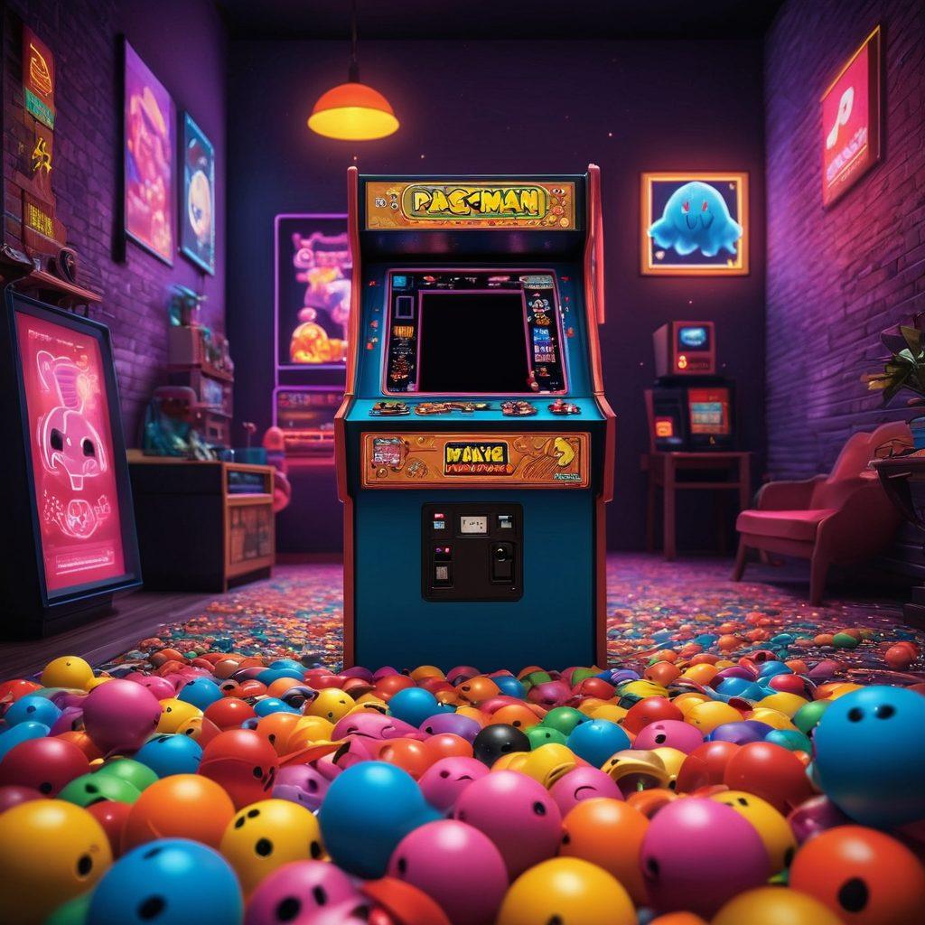A colorful, retro gaming landscape featuring a classic arcade scene with a vintage Pac-Man machine at the forefront. Pac-Man is seen munching on colorful pellets, with a vivid maze design in the background, showcasing iconic ghosts like Blinky and Pinky in pursuit. The atmosphere captures a nostalgic vibe, with neon lights and gaming memorabilia scattered around. Incorporate pixel art style elements to enhance the retro feel. vibrant colors. pixel art.